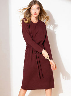 Solid Color Drawcord Loose Sweater Dress