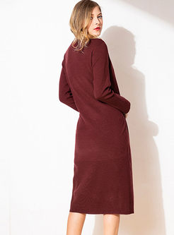 Solid Color Drawcord Loose Sweater Dress