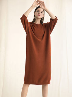 Solid Color O-neck Loose Knitted Dress