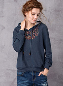 Retro Embroidered Drawcord Loose Hoodie