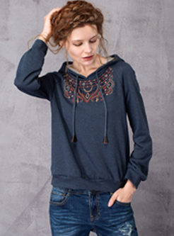 Retro Embroidered Drawcord Loose Hoodie