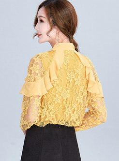 Bowknot Lace Openwork Straight Blouse