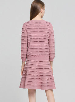 Pink O-neck Slim Cardigan & A Line Skirt