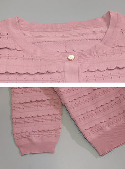 Pink O-neck Slim Cardigan & A Line Skirt