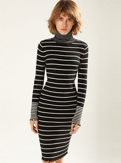Turtleneck Stripe Slim Sweater Dress