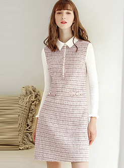 Stand Collar Patchwork Tweed A Line Dress 