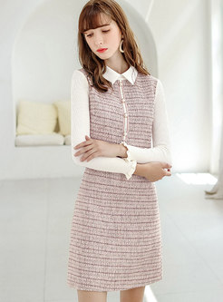 Stand Collar Patchwork Tweed A Line Dress 