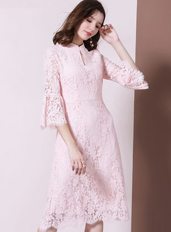 Flare Sleeve Lace Openwork Skater Dress