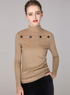 High Collar Button Thin Slim Pullover Sweater