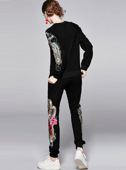Casual Embroidered Pullover Pant Suits