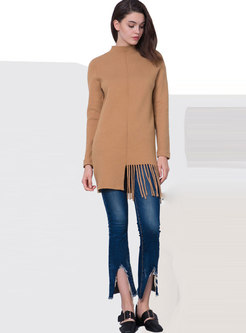 Stand Collar Tassel Slim Mini Sweater Dress