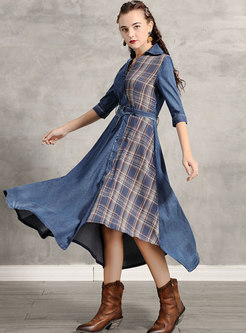 Irregular Waist Plaid Patchwork Denim Maxi Dress