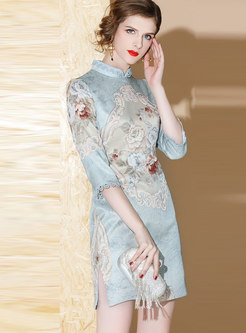 Mandarin Collar Embroidered Mini Bodycon Dress