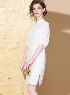 White Mandarin Collar Slit Bodycon Dress