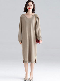 Casual V-neck Loose Slit Sweater Dress