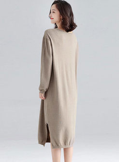 Casual V-neck Loose Slit Sweater Dress