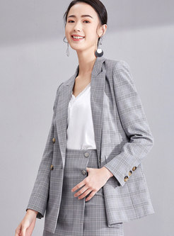 Double-breasted Plaid Straight Blazer 
