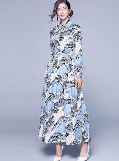 Lapel Print High Waisted Maxi Dress