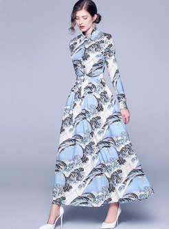 Lapel Print High Waisted Maxi Dress