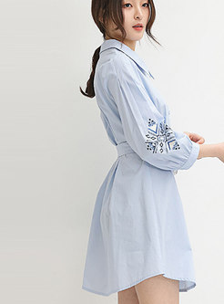 Lapel Embroidered T-shirt Dress With Belt