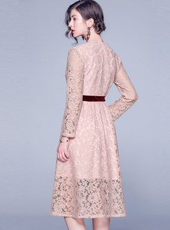 Lace Openwork Color-blocked A Line Dress