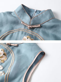 Vintage Mandarin Collar Sleeveless Print Dress