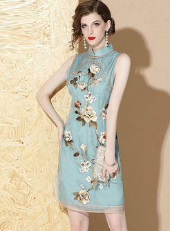 Vintage Mandarin Collar Sleeveless Print Dress