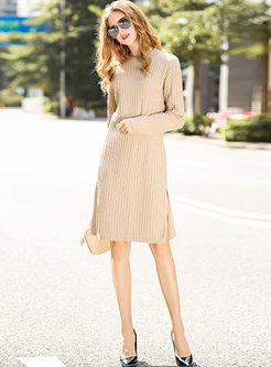 Apricot Standing Collar Slit Sweater Dress