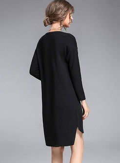 Black O-neck Long Sleeve Sweater Dress