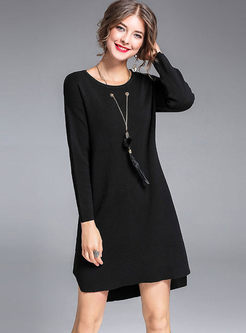 Black O-neck Long Sleeve Sweater Dress