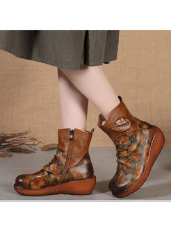Vintage Leather Print Platform Short Boots