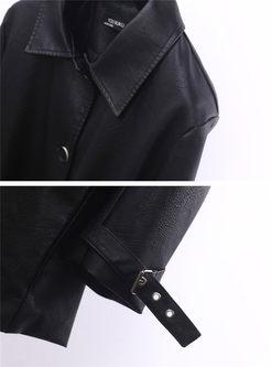 Black Turn Down Collar Leather Jacket