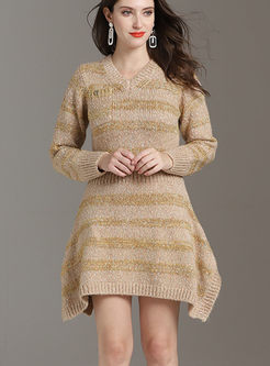 V-neck Long Sleeve Stripe Sweater Dress