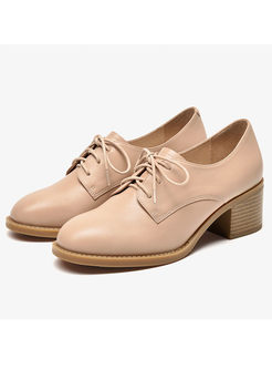 Brief Apricot Chunky Heel Leather Shoes