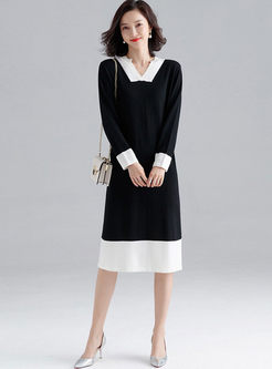 Color-blocked V-neck Long Sleeve Sweater Dress
