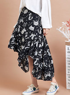 High Waist Cat Print Asymmetric Skirt
