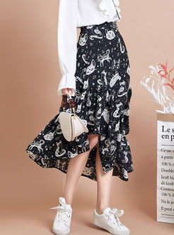 High Waist Cat Print Asymmetric Skirt