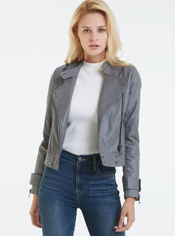 Grey Lapel PU Slim Short Leather Jacket