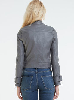 Grey Lapel PU Slim Short Leather Jacket