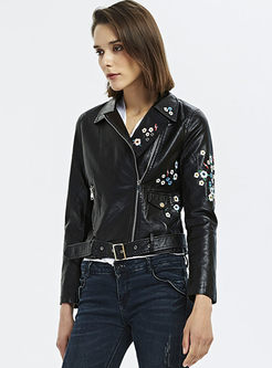 Turn Down Collar Embroidered Leather Jacket