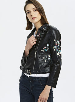 Turn Down Collar Embroidered Leather Jacket