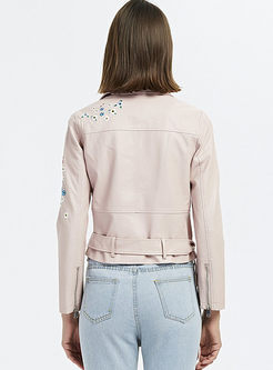 Lapel Embroidered Leather Jacket With Belt