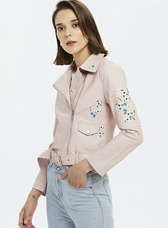 Lapel Embroidered Leather Jacket With Belt
