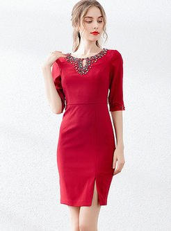 Red O-neck Bead Slit Toast Dress
