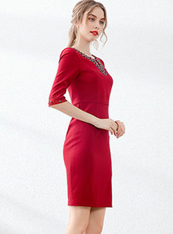 Red O-neck Bead Slit Toast Dress