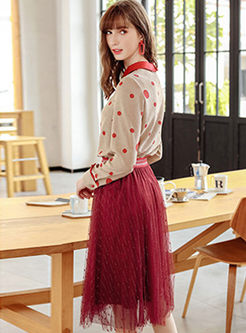 Red Bright Silk Mesh Pleated Skirt