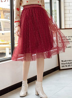 Red Bright Silk Mesh Pleated Skirt