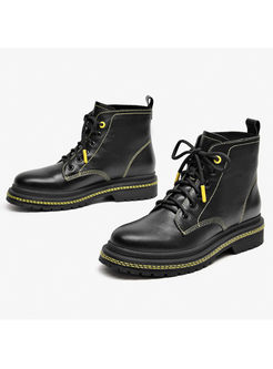 Black Round Head Short Boots With Shoelace