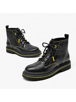 Black Round Head Short Boots With Shoelace