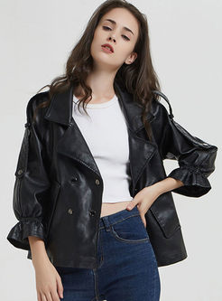Black Turn Down Collar Leather Jacket